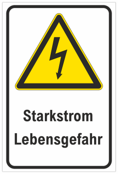 Warnschild Hochformat mit DIN 7010 Symbol und Text Starkstrom Lebensgefahr